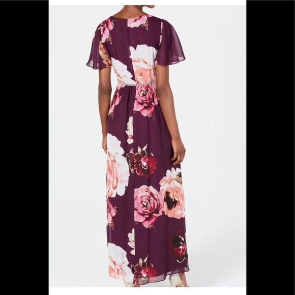 Women’s Formal Dress Sizes 8 10 16 SLNY Purple Flutter Sleeve Floral Rhinestone - Picture 3 of 9